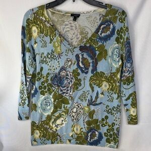 Talbots Women's Light Blue Floral V-Neck 3/4 Sleeve Shirt Size S